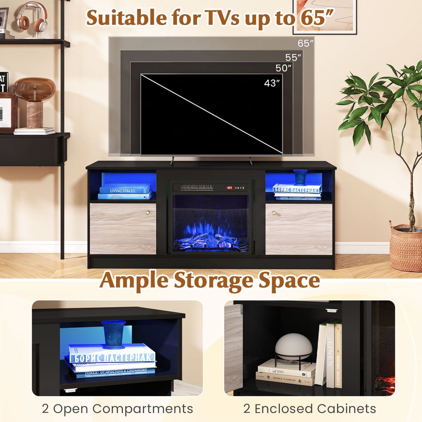 Entertainment Center for 65" TVs, Multicolor