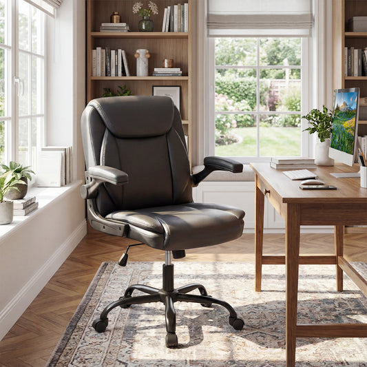 Ergonomic Leather Office Chair, Flip-Up Armrests, Rocking, Black Ergonomic Chairs Black at Gallery Canada