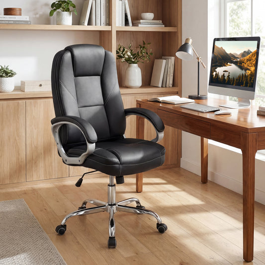 Ergonomic Leather Office Chair, Padded Armrests, Rocking Backrest, Black Ergonomic Chairs Black at Gallery Canada