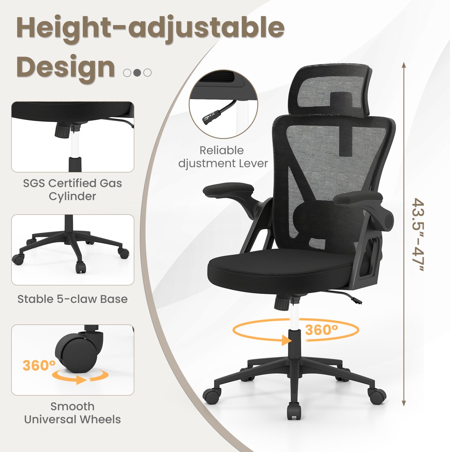 Ergonomic Mesh Office Chair, Adjustable Lumbar Support, Flip-Up Armrests, Black Ergonomic Chairs at Gallery Canada