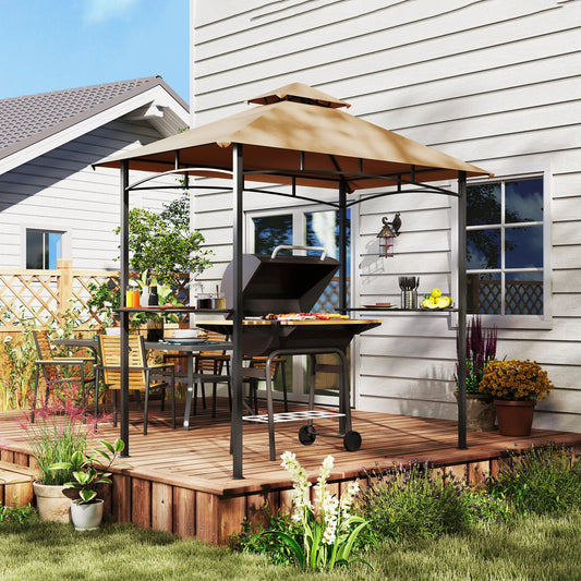 8' x 5' BBQ Grill Gazebo Tent, Double Tiered Canopy, Outdoor Sun Shade, Khaki BBQ Grill Gazebos Khaki at Gallery Canada