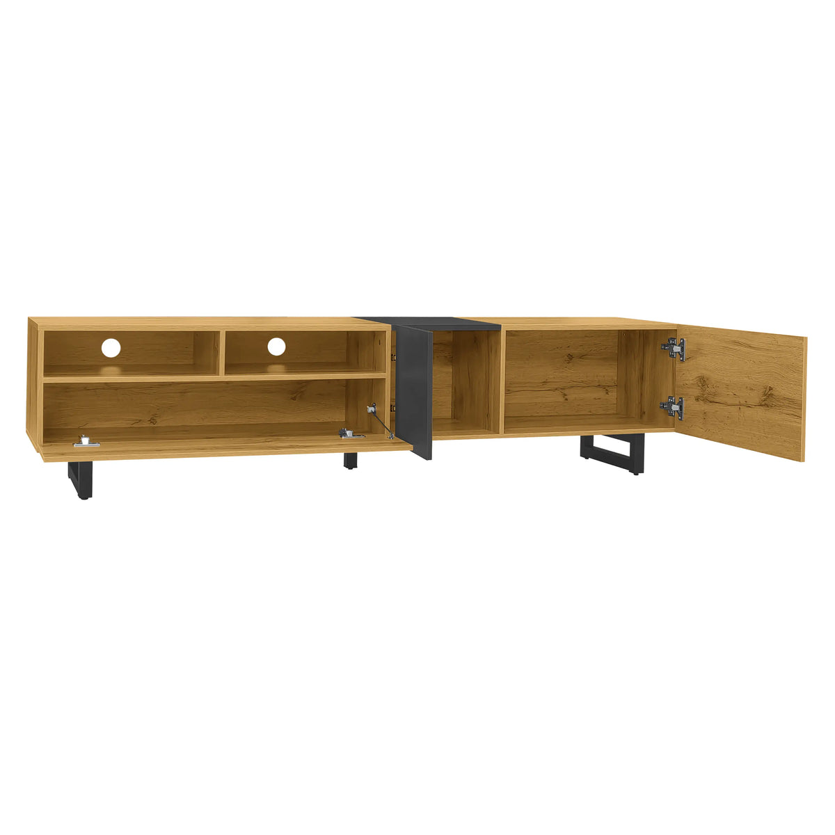 TV Stand, U-Shaped Metal Legs, 3 Doors, 2 Compartments, 67" L x 14" W x 16.5" H, Black+Natural TV Stands at Gallery Canada