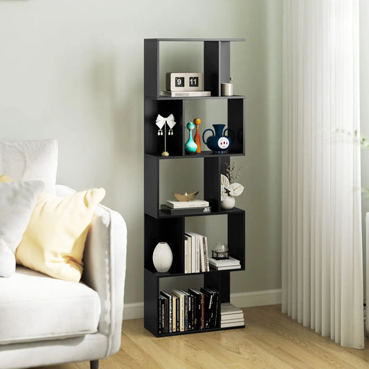 5-Tier Geometric Bookshelf, S Shaped Bookcase, Black Display Bookshelves Black at Gallery Canada
