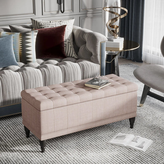 Beige Linen Storage Ottoman Bench, 42"x17"x19", Beige Storage Ottomans & Benches Beige at Gallery Canada