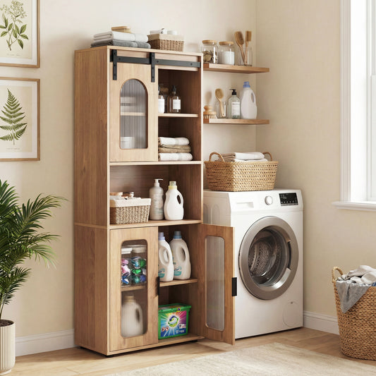 Farmhouse Bathroom Floor Cabinet, Sliding Barn Door, Natural Floor Cabinets Natural at Gallery Canada