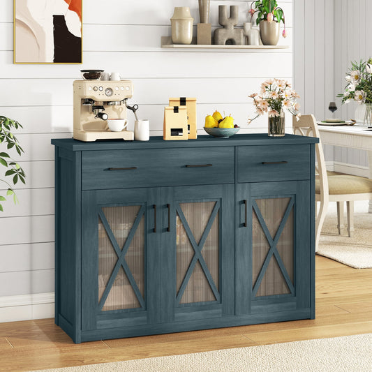 Farmhouse Buffet Sideboard, 3-Door Kitchen Storage Cabinet, 2 Drawers, Turquoise Sideboards Cabinets & Buffets Turquoise at Gallery Canada