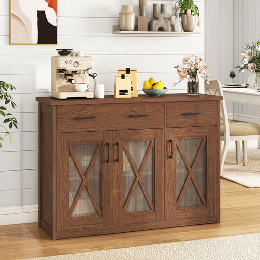Farmhouse Buffet Sideboard, 3-Door Kitchen Storage Cabinet, 2 Drawers, Brown Sideboards Cabinets & Buffets Brown at Gallery Canada
