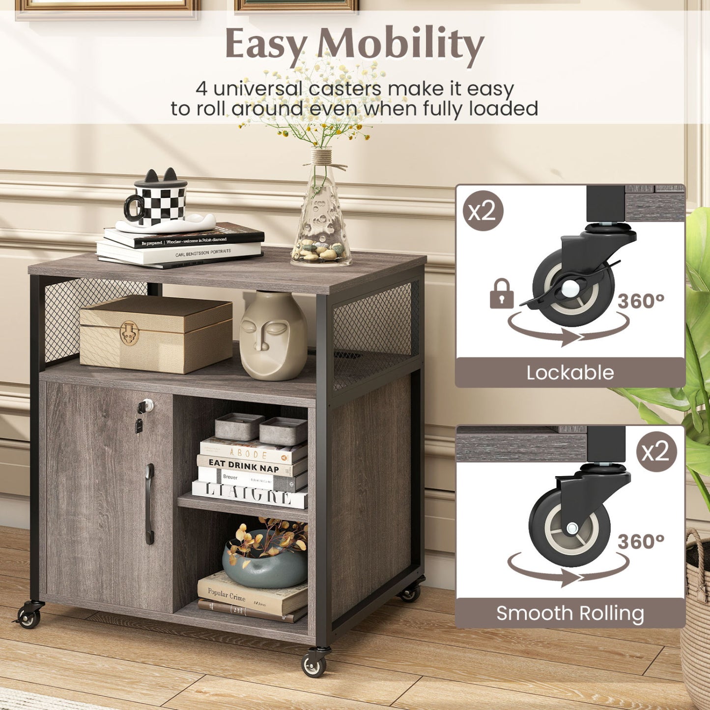 Mobile File Cabinet With Charging Station, Cable Management Hole, Gray File Cabinets at Gallery Canada