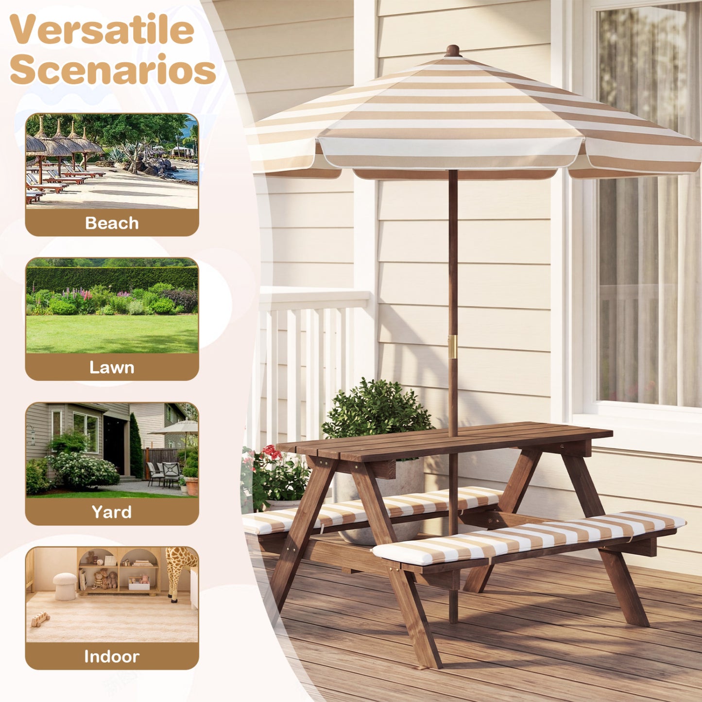 Kids Picnic Table With 2 Built-In Benches, Umbrella, Coffee Kids Table & Chair Sets at Gallery Canada