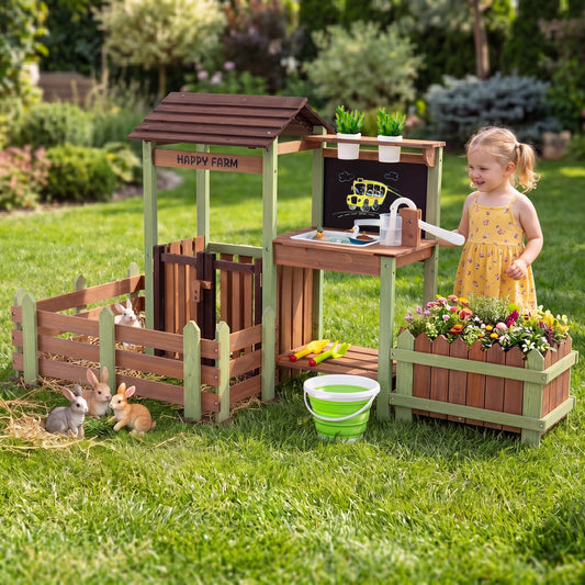 Wooden Mud Farm Playset with Planter Box Lockable Yard and Faucet for 3+ Kids Play Kitchen Sets Brown + Green at Gallery Canada