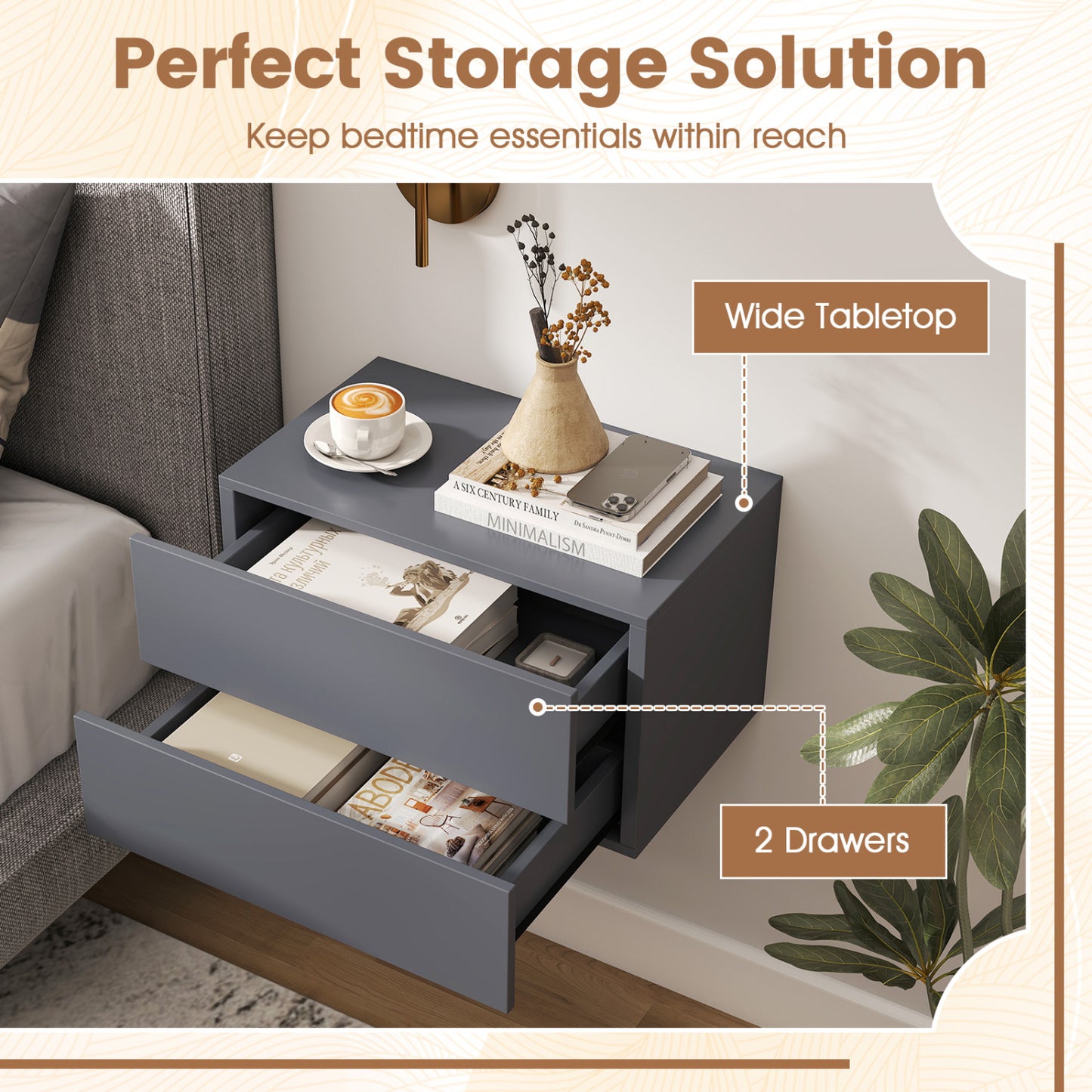 Floating Nightstand with 2 Storage Drawers Wall Mounted for Bedroom, Gray Nightstands at Gallery Canada