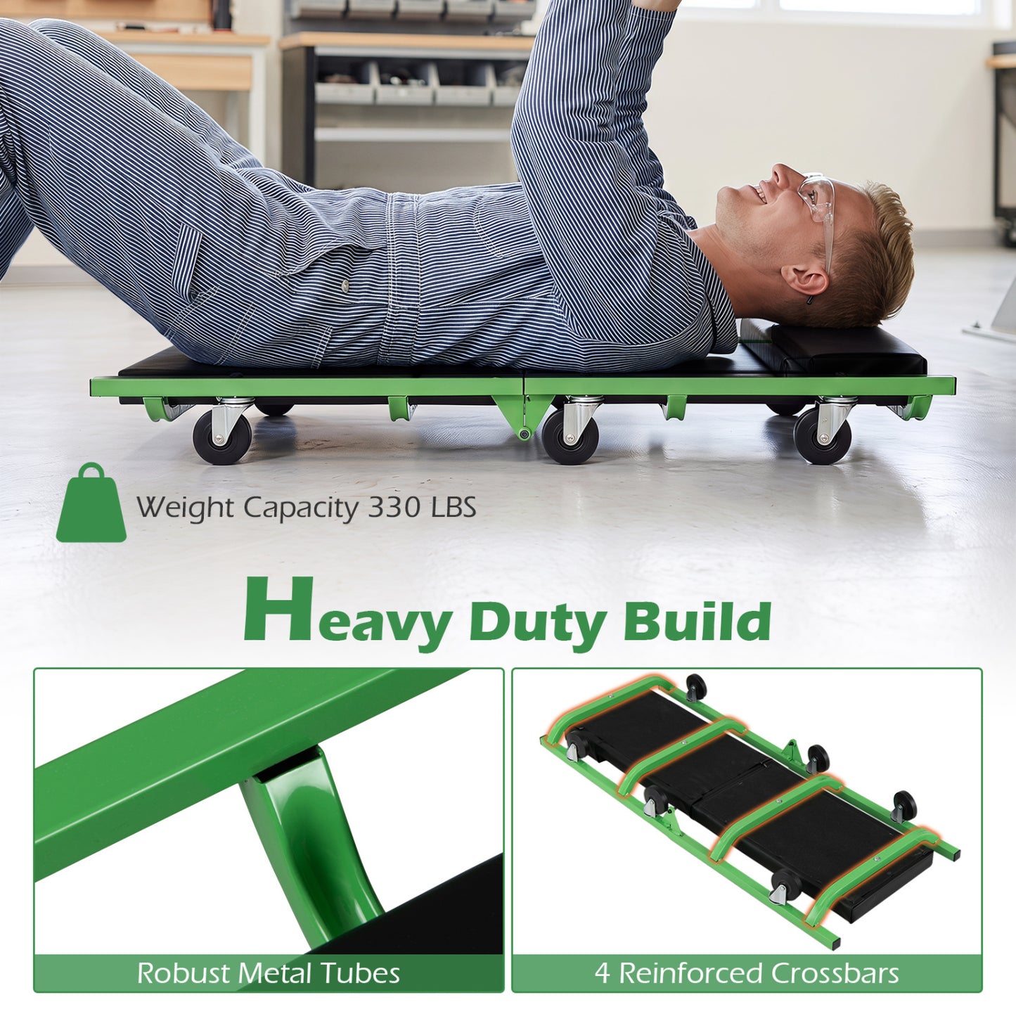 Foldable Automotive Creeper, 360° Swivel Wheels, 330 Lbs, Green