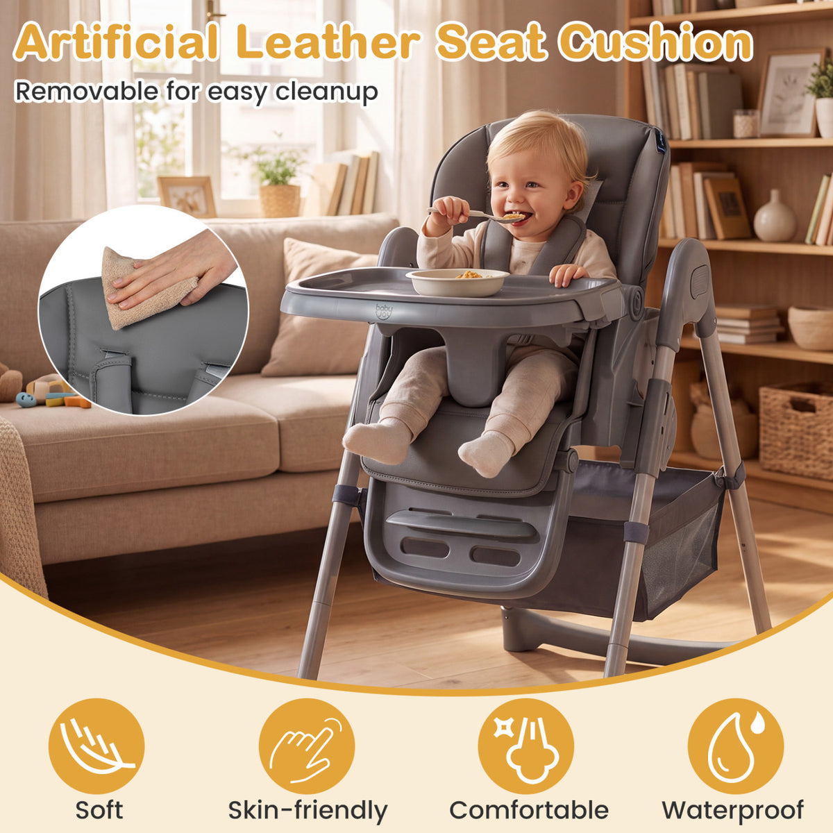 Foldable High Chair, 7-Level Height Adjustment, Gray High Chairs at Gallery Canada