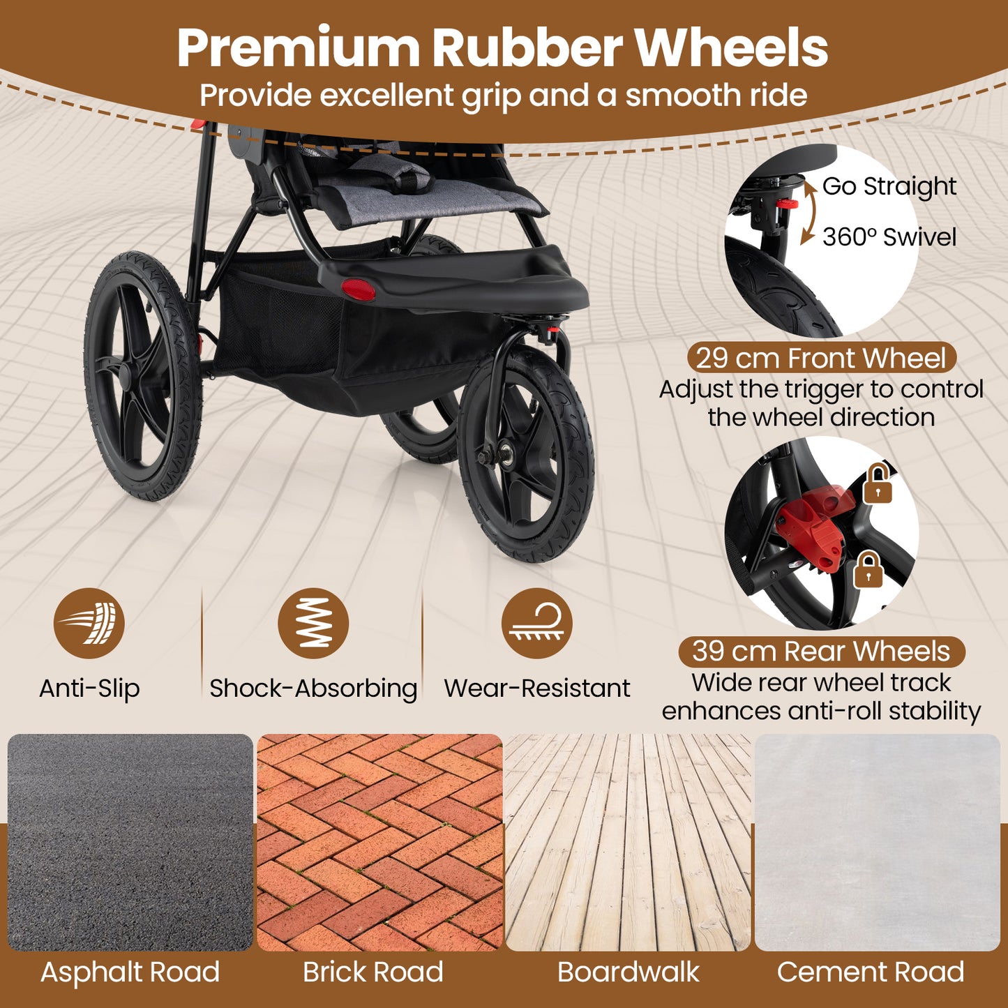 Foldable Jogging Stroller with Detachable Tray and Air-Filled Rubber Tires, Black Baby Strollers at Gallery Canada