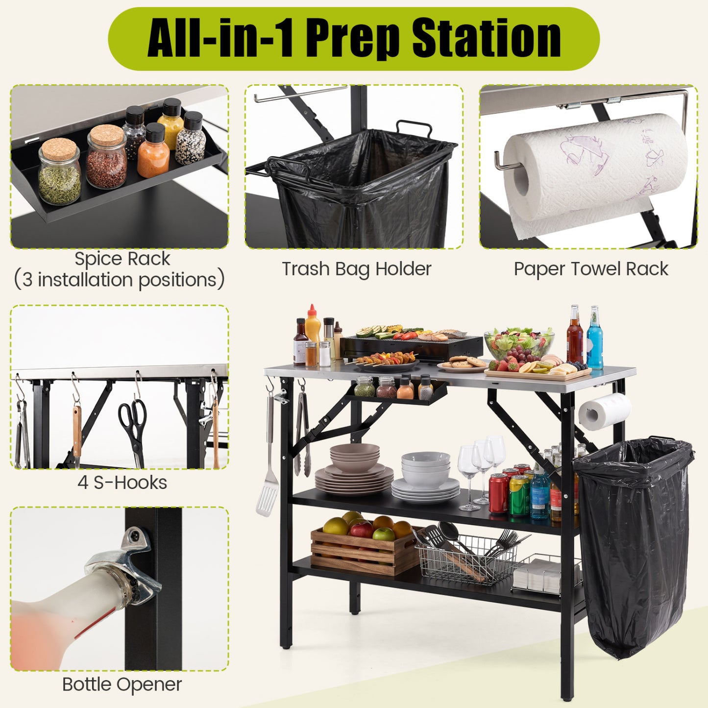 Foldable Outdoor Cook Station with Shelves, Black
