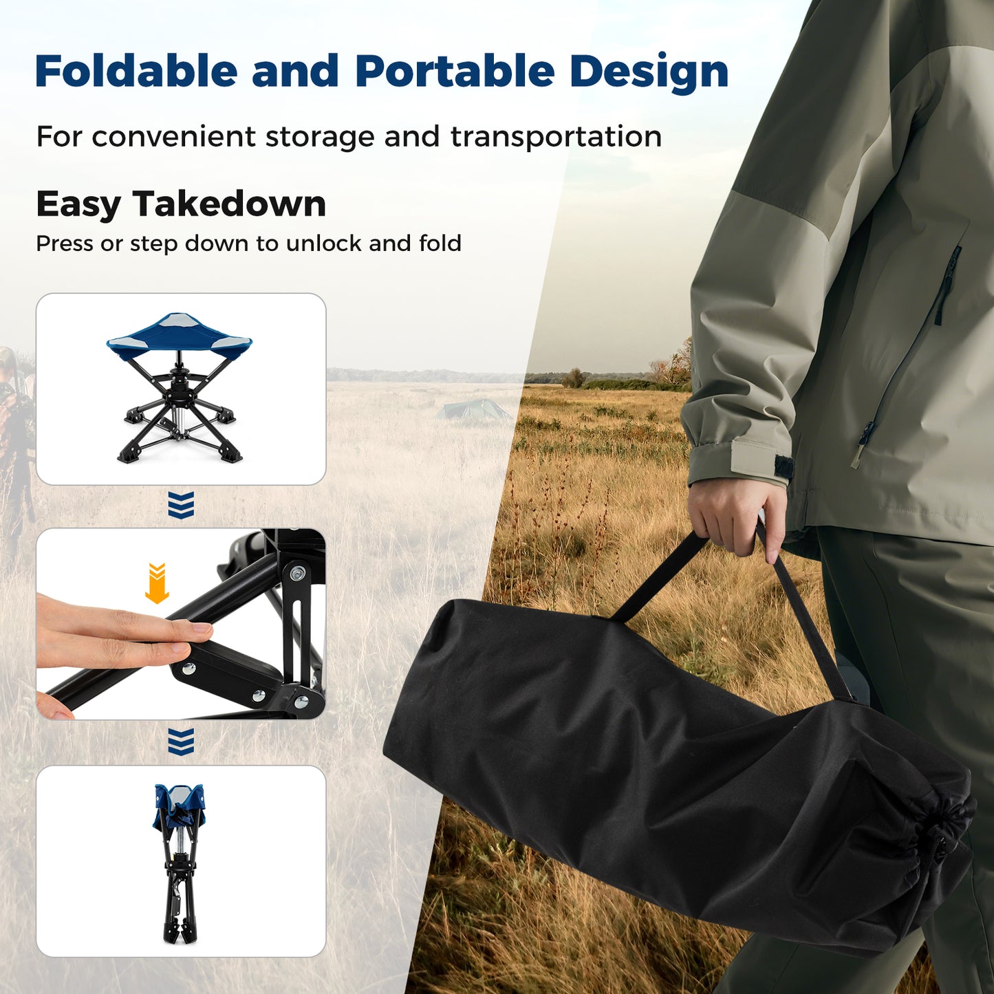 Folding Camping Stool, 360° Swivel Hunting Chair, Anti-Sink Feet, Blue Camping at Gallery Canada