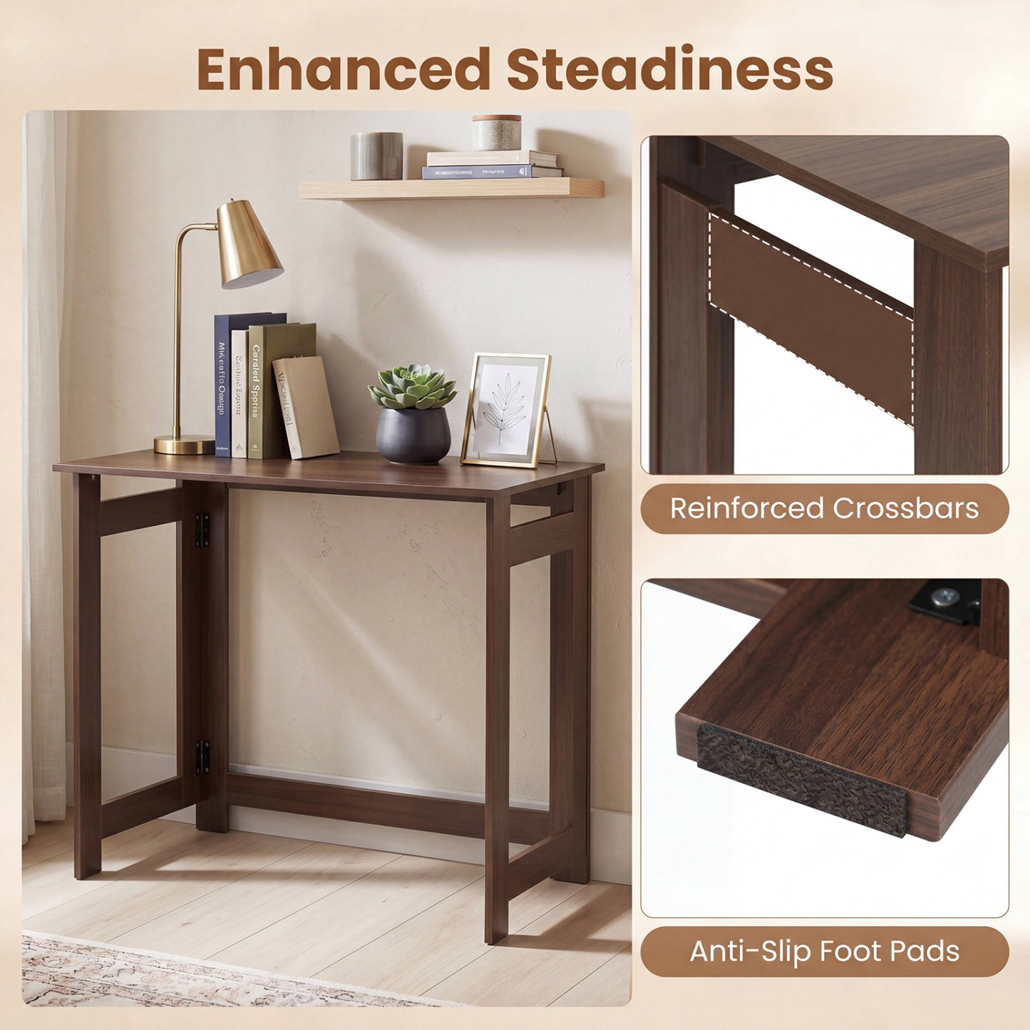 Folding Console Table with Foldable Legs, Brown Console Tables at Gallery Canada