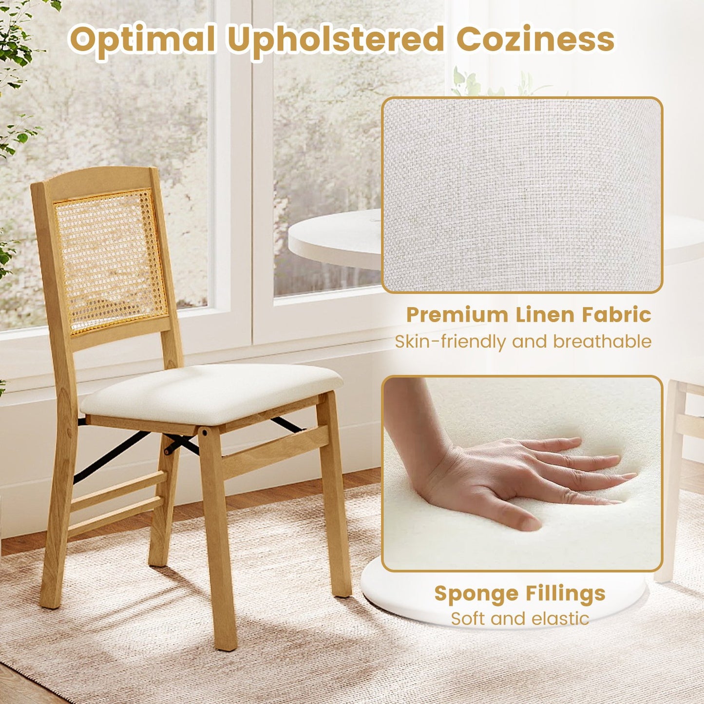 Folding Dining Chairs Set of 2, Rubber Wood, Linen Padded Seat, Natural Dining Chairs at Gallery Canada
