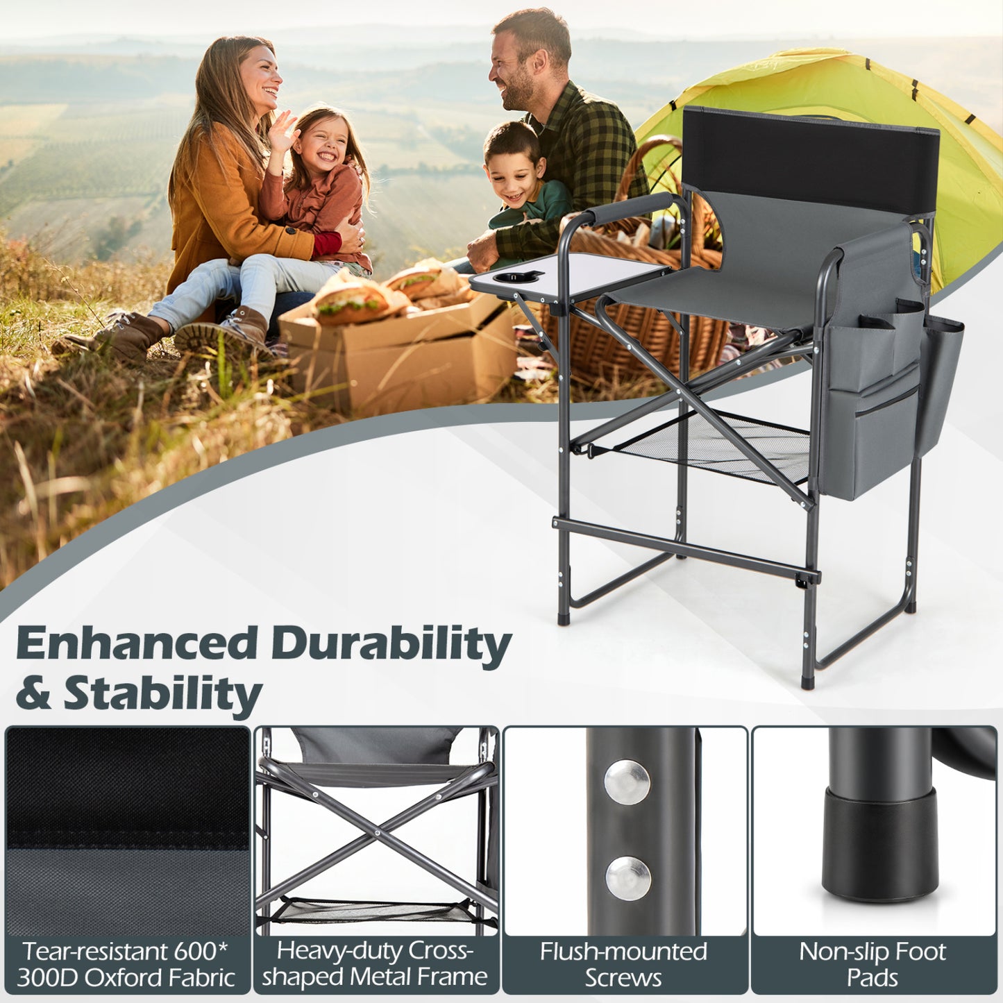 Folding Tall Director Chair 26 Inch, Portable Camping Chair, Gray Camping Furniture at Gallery Canada