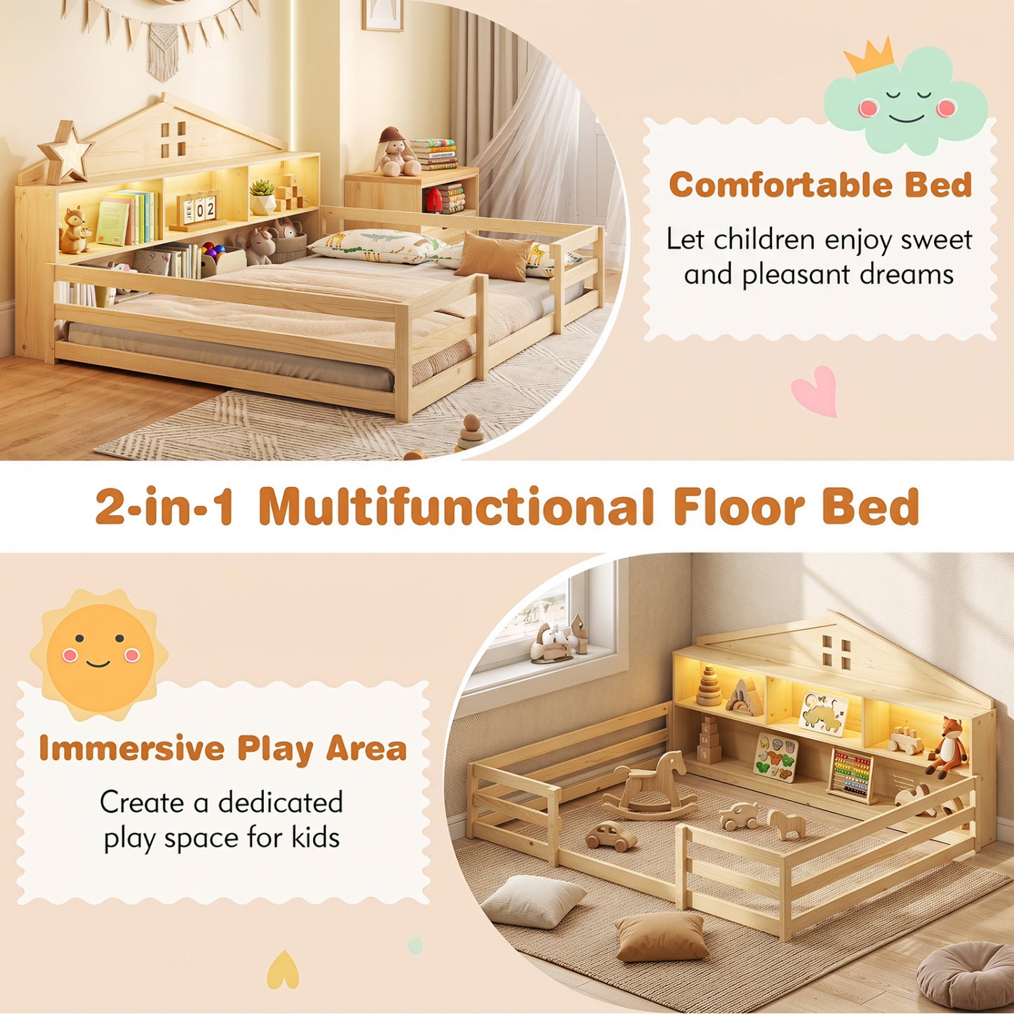 Full Size Montessori Floor Bed with Storage, Natural