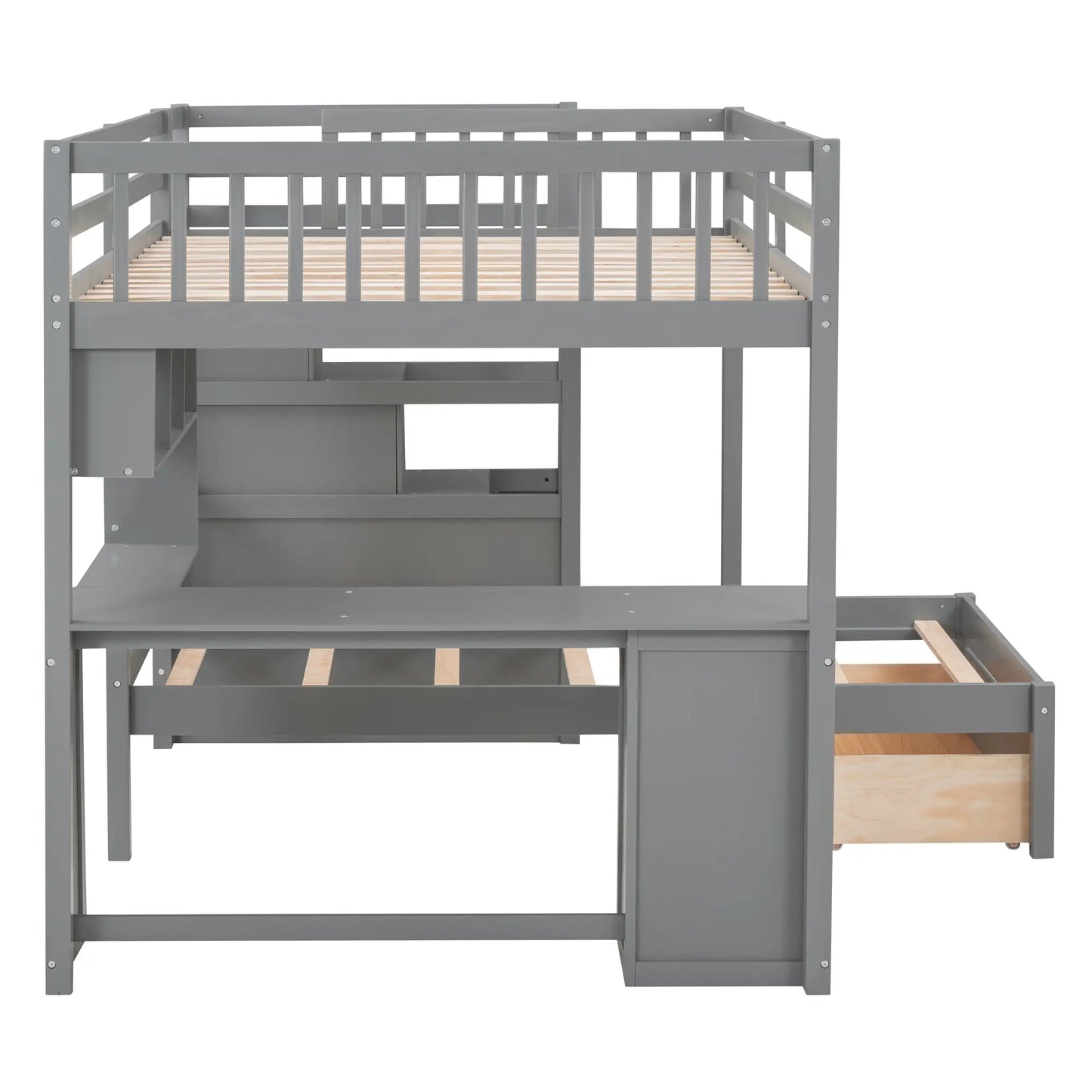 Over Twin Bunk Bed with Study Desk, Drawers, Shelves, 98" L x 80" W x 64.5" H, Grey Bed Frames at Gallery Canada