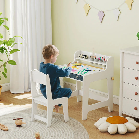 Kids Study Table and Chair Set, Art Desk with Storage Shelf, 3-8 Year Old Kids Desk Sets White at Gallery Canada