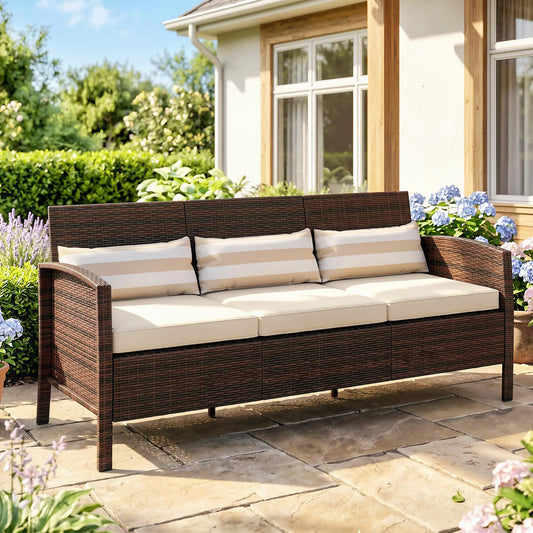 3-Seater Wicker Sofa, PE Rattan Outdoor Couch, Removable Cushions, Brown Patio Furniture Sets Brown Rattan, Khaki Cushion at Gallery Canada