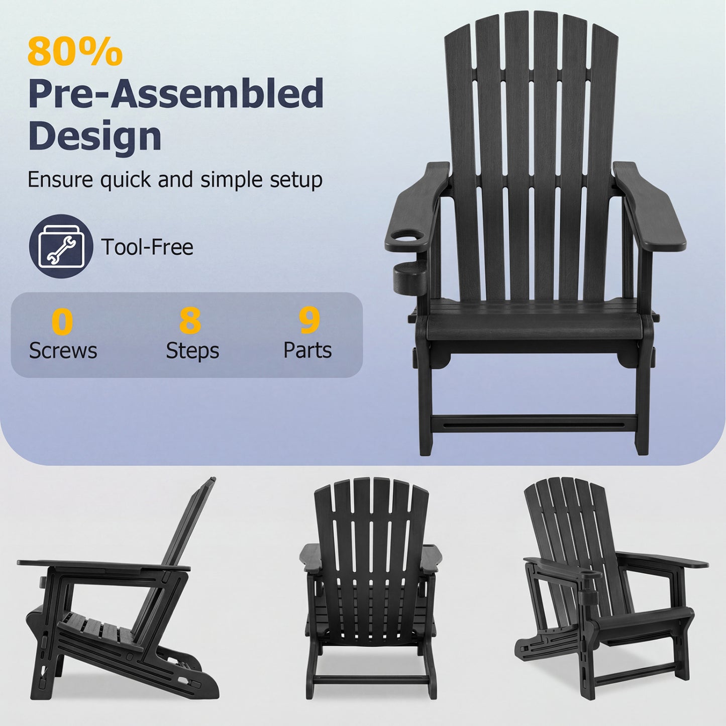 Chaise Adirondack en HDPE, porte-gobelet, aspect bois, noir