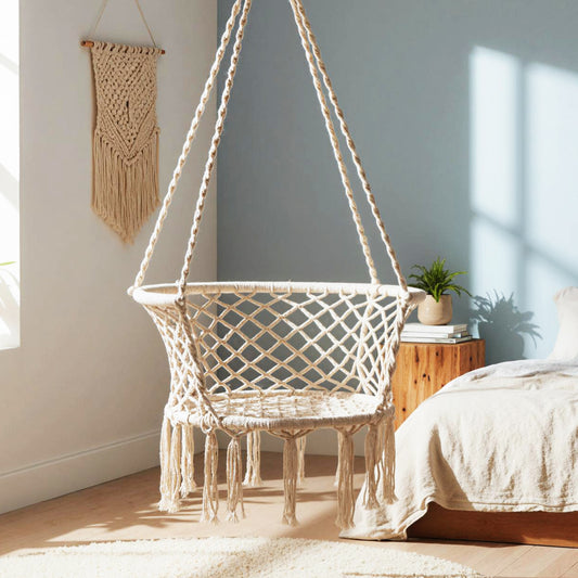 Macrame Hammock Chair Swing, Hanging Cotton Rope, Beige Hammocks Beige at Gallery Canada