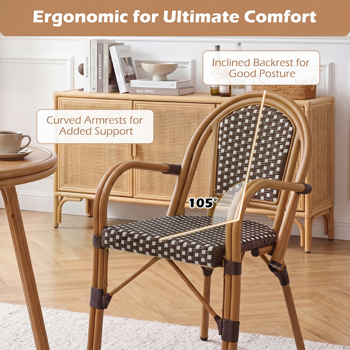 Hand-Woven PE Wicker French Bistro Chairs Set of 2, Brown Patio Dining Chairs at Gallery Canada