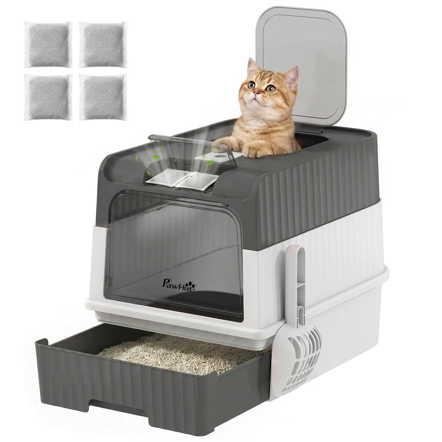 Enclosed Cat Litter Box with Drawer, Scoop, Grey Cat Litter Box Enclosures at Gallery Canada