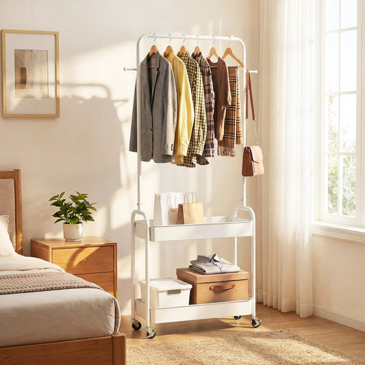 Heavy-Duty Laundry Cart, Hanging Rod, 2 Storage Baskets, White Clothing & Closet Storage White at Gallery Canada
