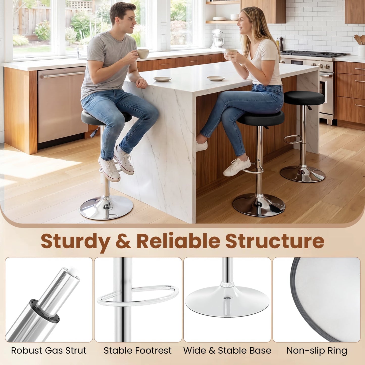 Height-Adjustable Bar Stool, 360° Swivel, Black