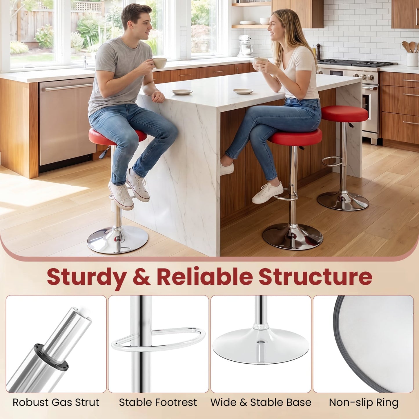 Height-Adjustable Bar Stool, Swivel, Red