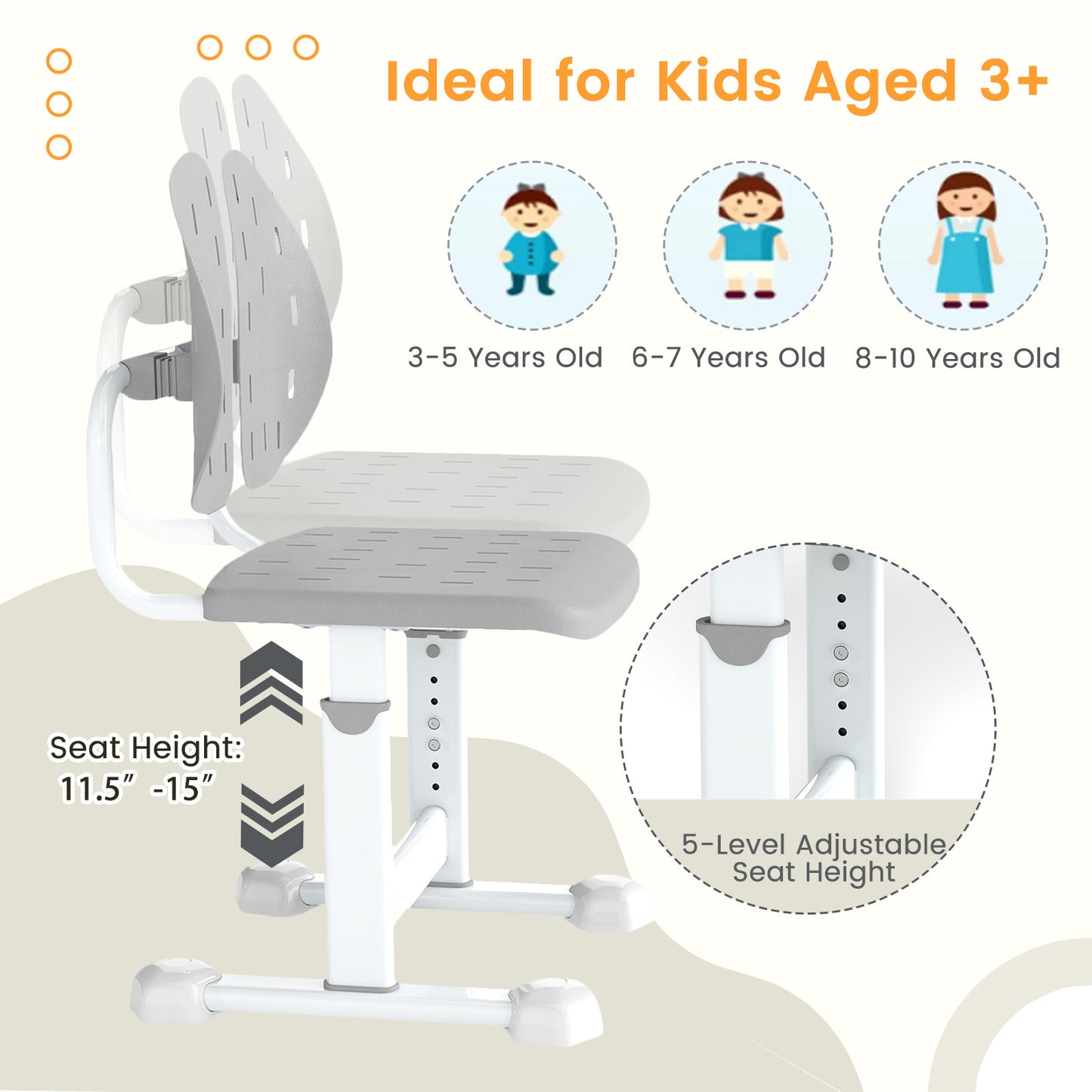 Height-Adjustable Kids Study Chair, Double Back Support, Breathable Seat, Gray Kids Chairs & Seating at Gallery Canada