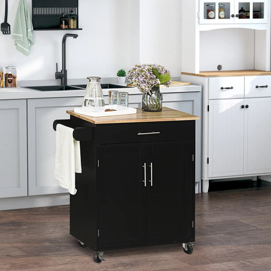 Rolling Kitchen Island Cart, Wood Top, Storage Drawer, Towel Bar, Shelves, Black Kitchen Islands & Kitchen Carts Black, Wood Grain Top at Gallery Canada