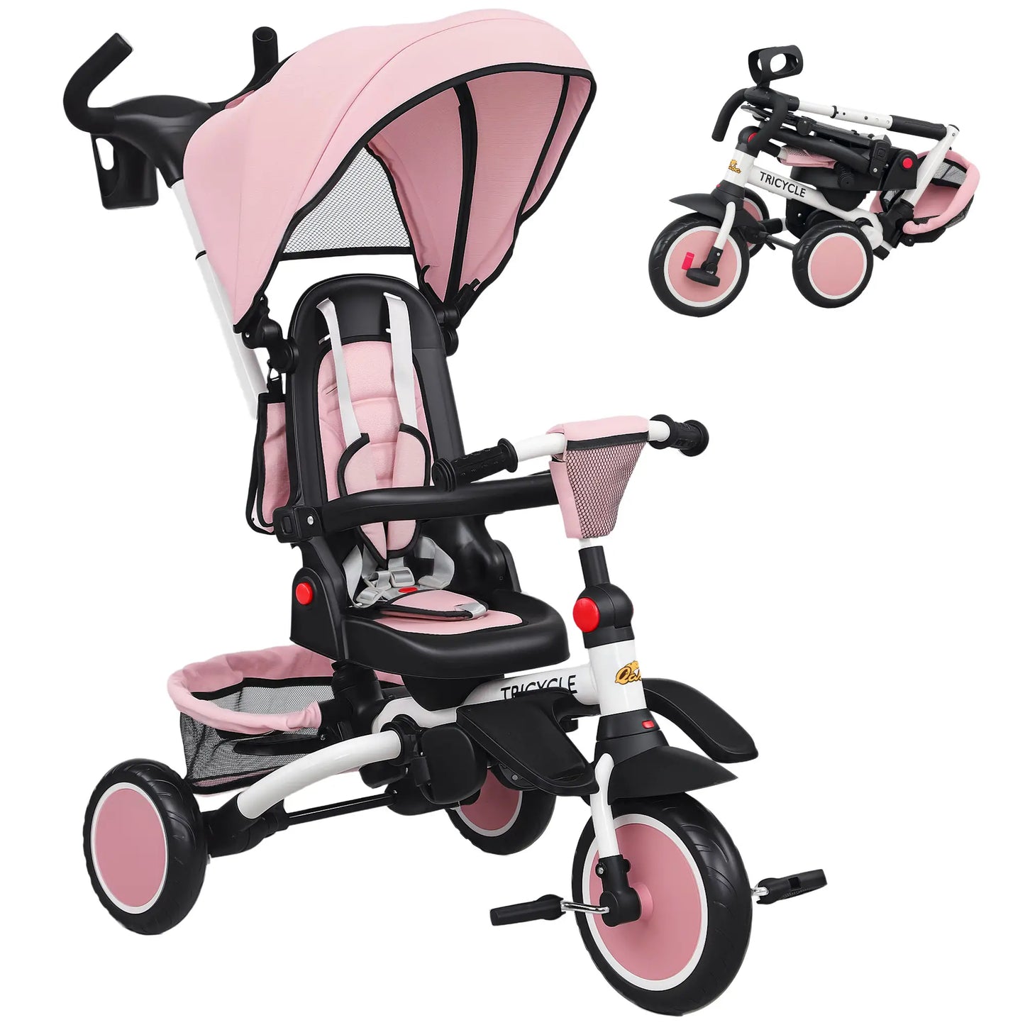 6 in 1 Toddler Tricycle, Push Handle, Removable Canopy, Rotatable Seat, Pink Tricycles for Kids at Gallery Canada