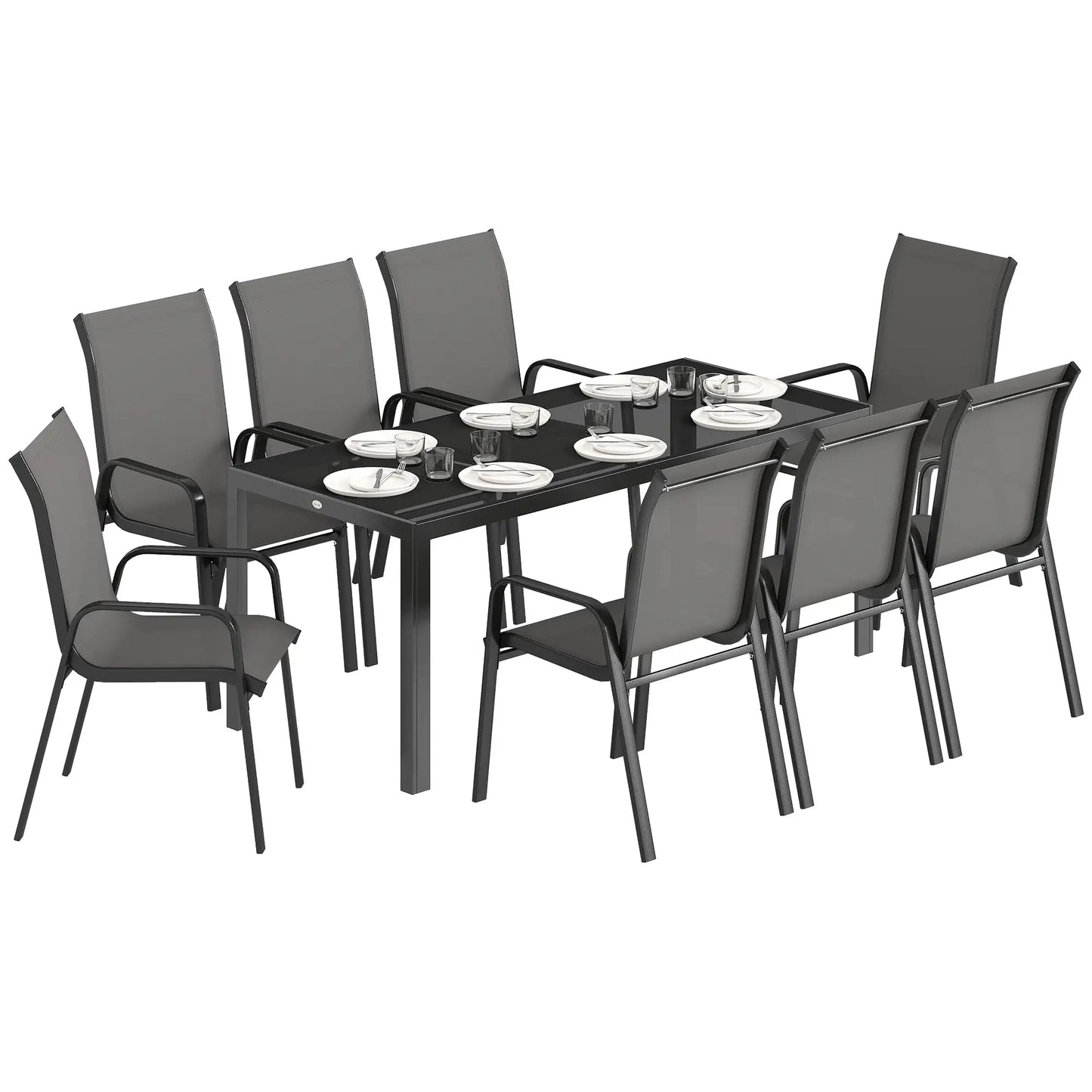 9-Piece Patio Dining Set, Glass Top Table, Stackable Chairs, Dark Grey Outdoor Dining Sets at Gallery Canada