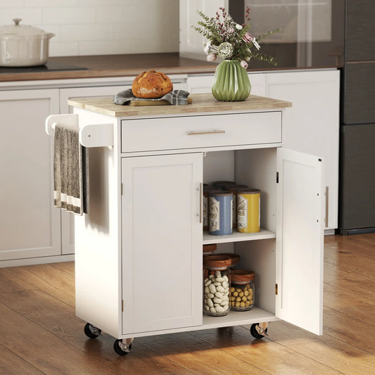 Mobile Kitchen Island Cart, Wooden Storage with Drawer, Towel Bar, White Kitchen Islands & Kitchen Carts White, Wood Grain Top at Gallery Canada