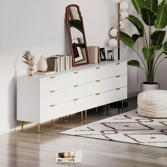 Modern 6 Drawer Dresser, Gold Legs and Handles, White Storage Cabinets White, Gold at Gallery Canada