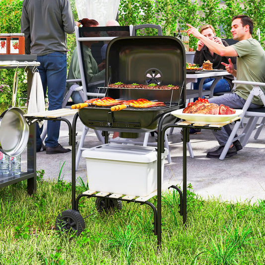 Charcoal BBQ Grill, 1840 cm² Cooking Area, 3 Shelves, Adjustable Vent, Black