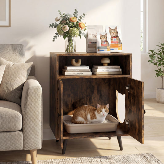 Industrial Cat Litter Box Enclosure with Entry and Open Compartment, Brown Cat Houses Brown at Gallery Canada