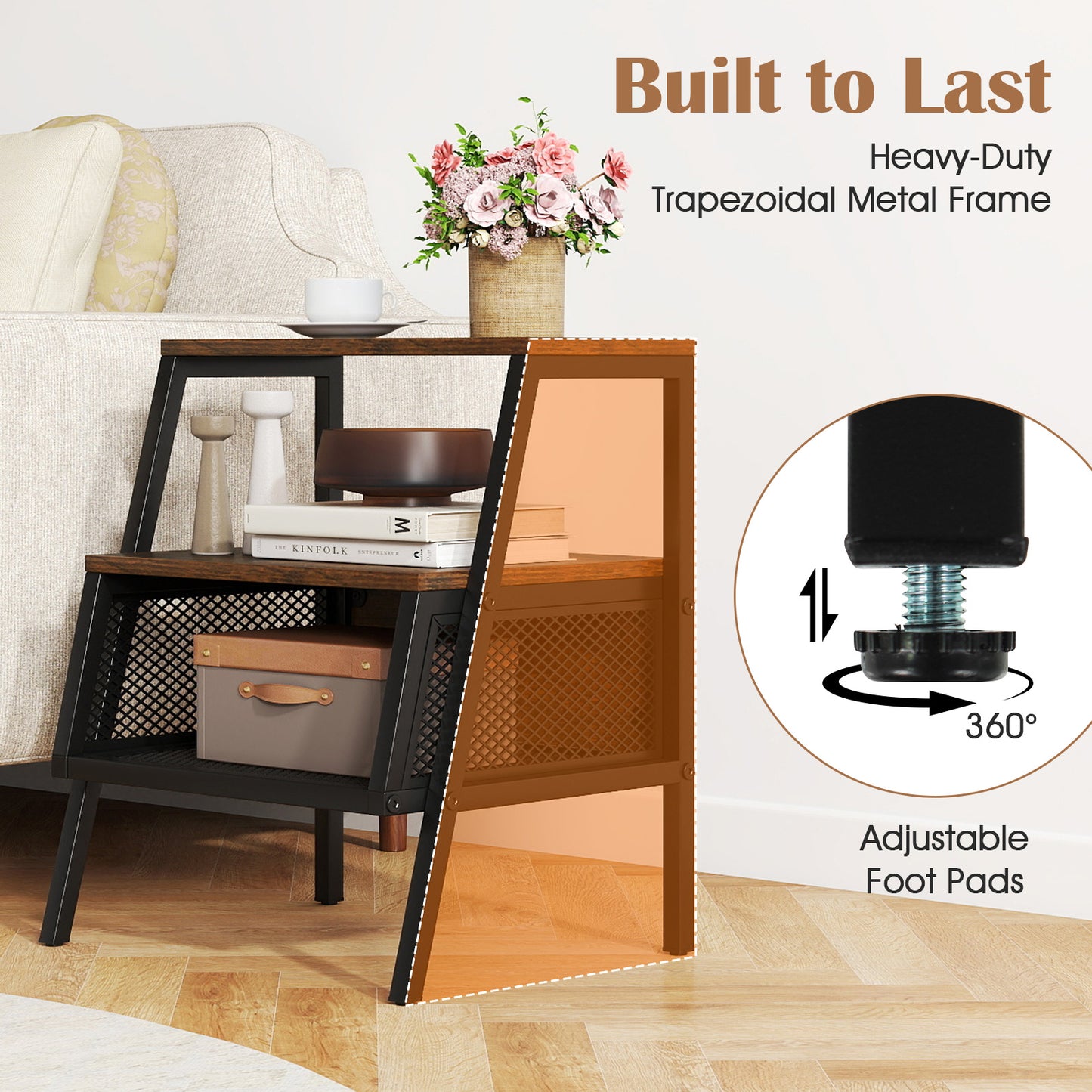 Industrial Nightstand 3-Tier End Table Set of 2 with 2 Open Shelves and Metal Mesh Compartment, Rustic Brown Nightstands at Gallery Canada