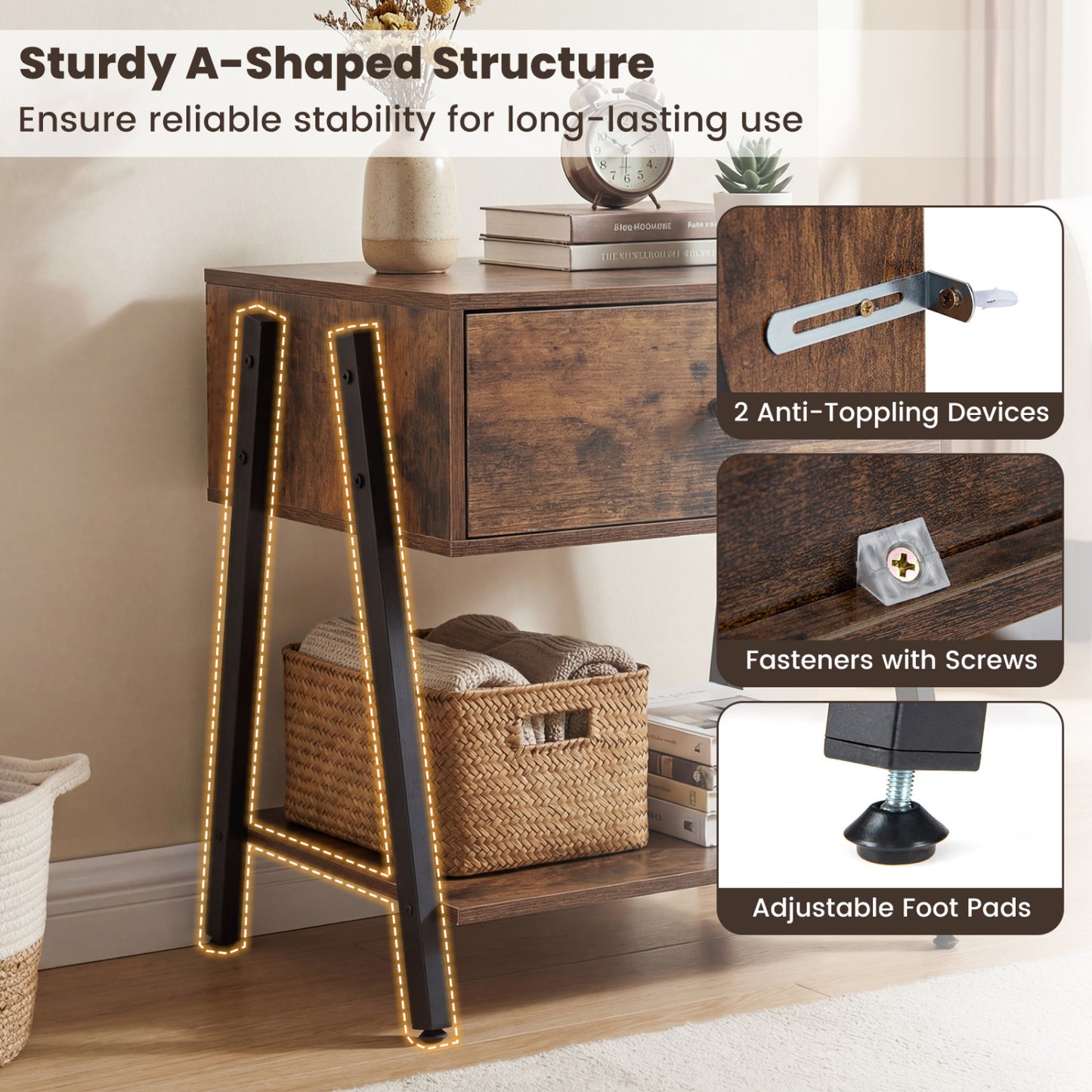 Industrial Nightstand, Drawer, Adjustable Foot Pads, Rustic Brown Nightstands at Gallery Canada
