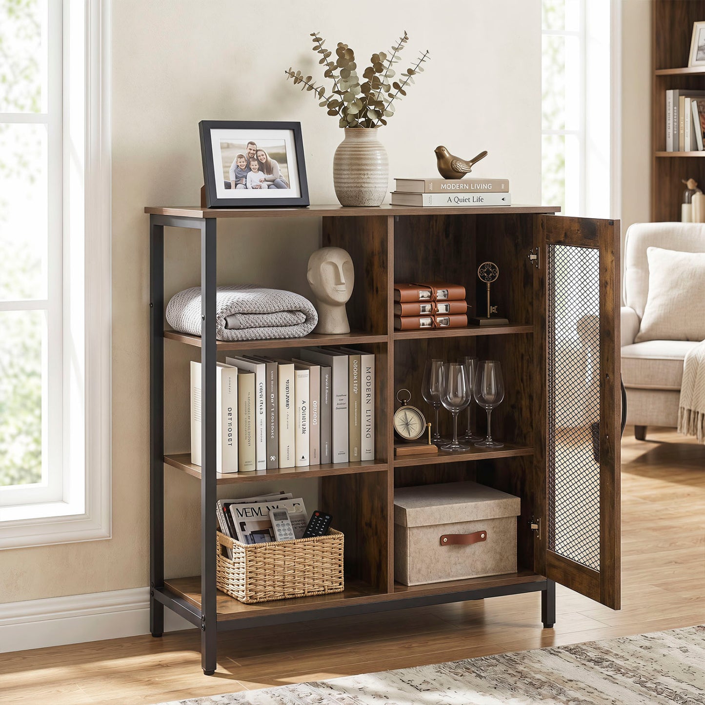Industrial Side Cabinet, Metal Mesh Door, 3 Shelves, Rustic Brown End & Side Tables at Gallery Canada