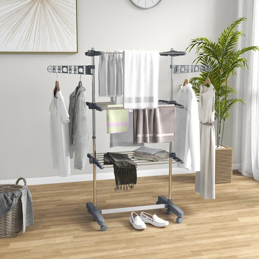 3-Tier Foldable Clothes Drying Rack, Stainless Steel, 6 Castors, Grey Bath Accessories Grey and Silver at Gallery Canada