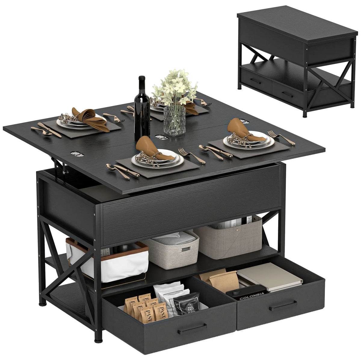 Modern Lift Top Coffee Table, Fabric Drawers, Hidden Storage, Distressed Black Coffee Tables at Gallery Canada