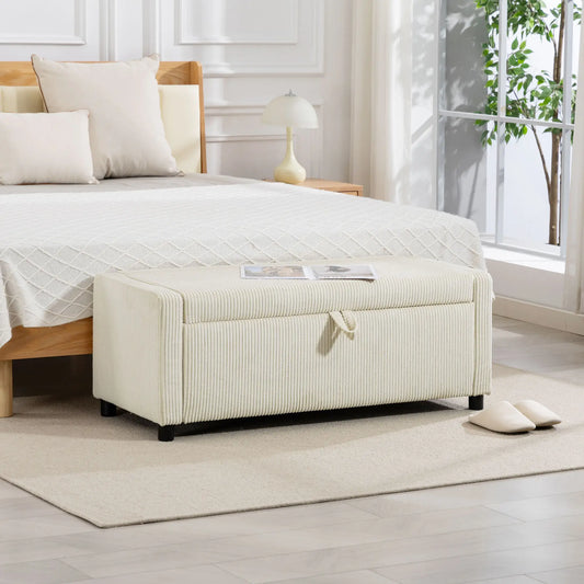Storage Ottoman, Upholstered Corduroy Bench, Beige Storage Ottomans & Benches Beige at Gallery Canada