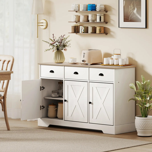 46.5" Buffet Cabinet, Farmhouse Sideboard, 3 Barn Doors, 3 Drawers, White Bar Cabinets White, Natural at Gallery Canada