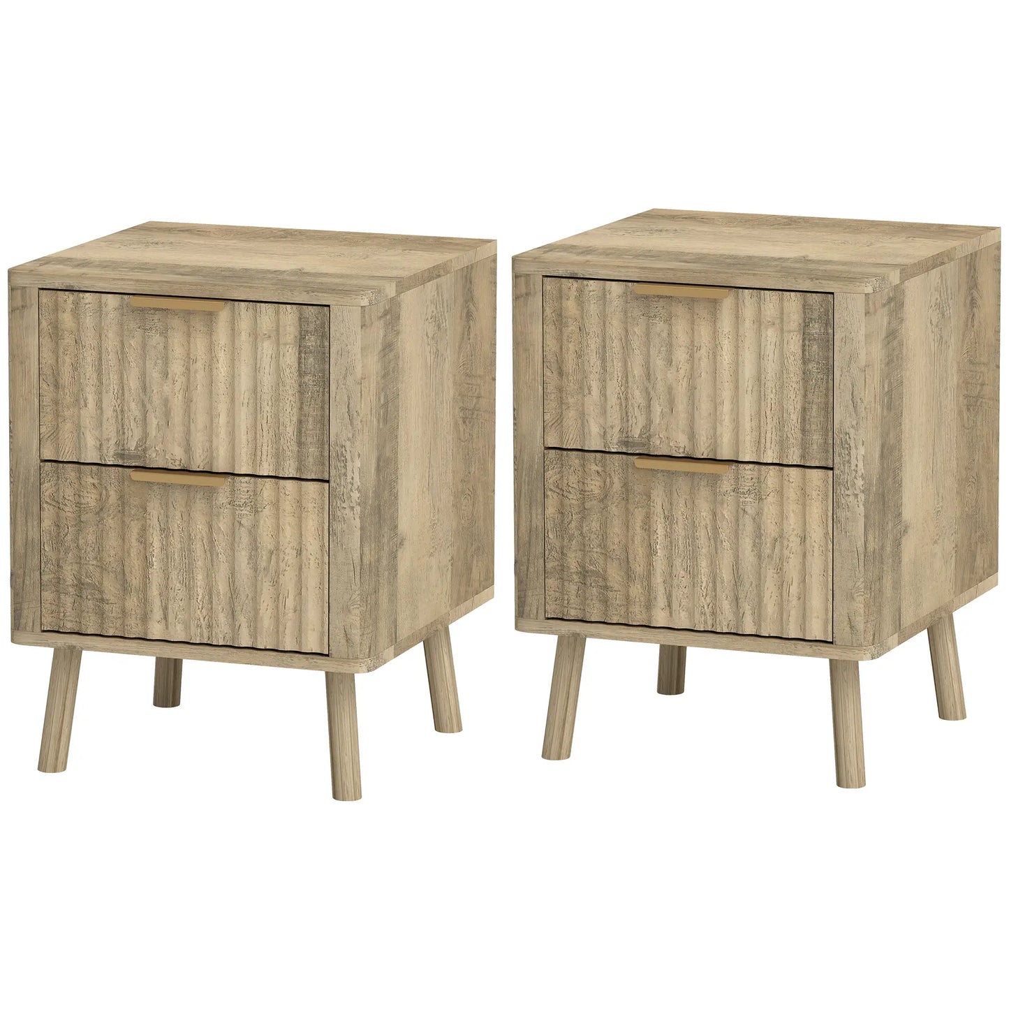 Night Stands Set of 2, Finger Pulls, Fluted Drawers, Round Edges, Oak Bedside Tables at Gallery Canada